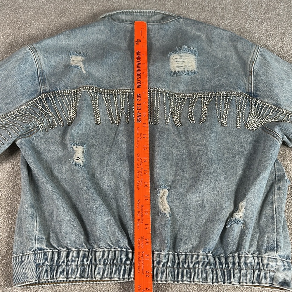 Distressed, rhinestone, fringe, jean jacket,‎ grunge, punk band rock - Picture 11 of 15